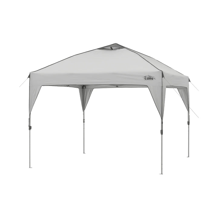 A large, orange and gray CORE 10' x 10' instant canopy, also known as a gazebo. The canopy has a pop-up design for quick and easy setup, and it provides shade and shelter for outdoor activities.