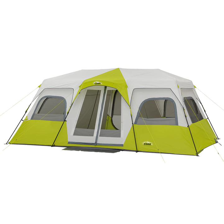 A large, brown CORE 12-person instant cabin tent measuring 18 feet by 10 feet. The tent has a spacious interior, multiple windows, and a sturdy frame for easy setup