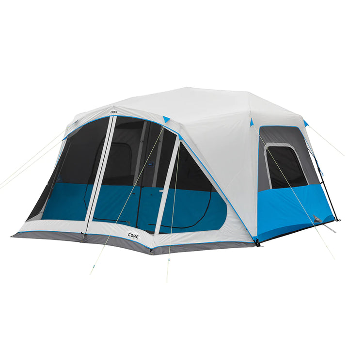 A large, orange and gray CORE 10-person instant tent with a lighted screen room. The tent has a spacious interior and multiple windows, providing ample ventilation and natural light.