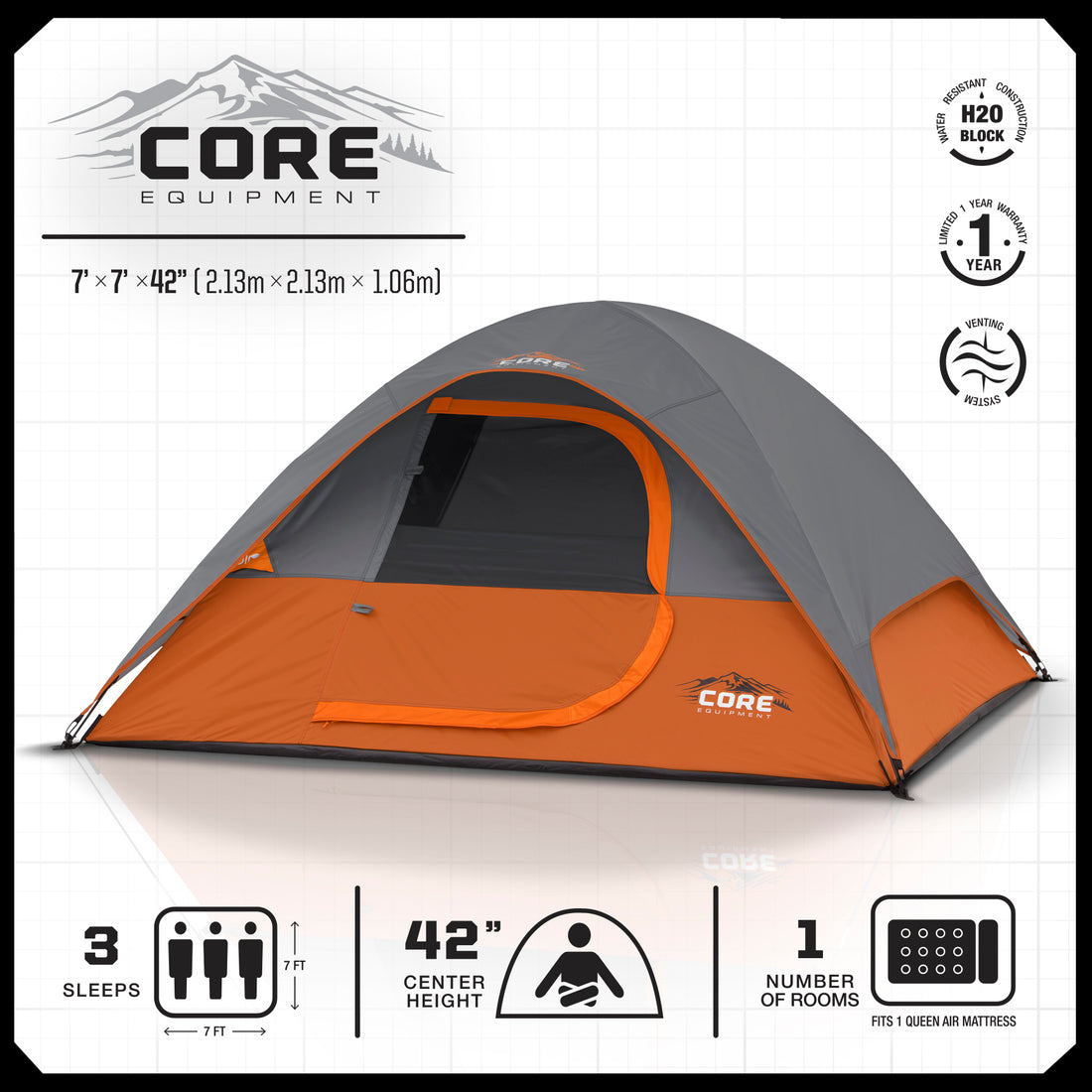 CORE 3 Person Dome Tent 7' x 7'