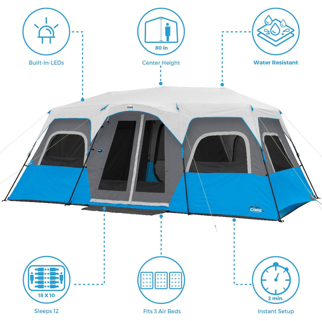 CORE 12 Person Lighted Instant Cabin Tent 18’ x 10’