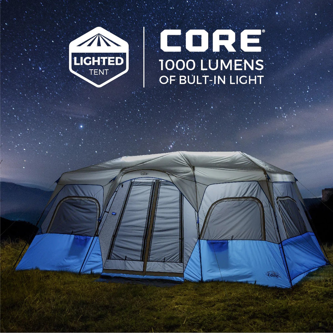 A large, brown CORE 12-person instant cabin tent measuring 18 feet by 10 feet. The tent features built-in LED lights for added convenience and safety, and it has a spacious interior, multiple windows, and a sturdy frame for easy setup.