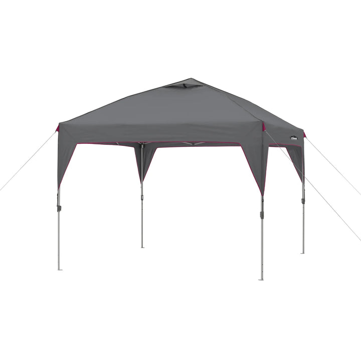  A large, orange and gray CORE 10' x 10' instant canopy, also known as a gazebo. The canopy has a pop-up design for quick and easy setup, and it provides shade and shelter for outdoor activities.