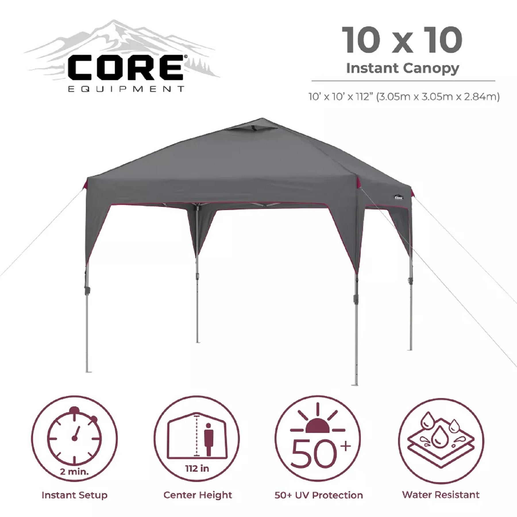  A large, orange and gray CORE 10' x 10' instant canopy, also known as a gazebo. The canopy has a pop-up design for quick and easy setup, and it provides shade and shelter for outdoor activities.