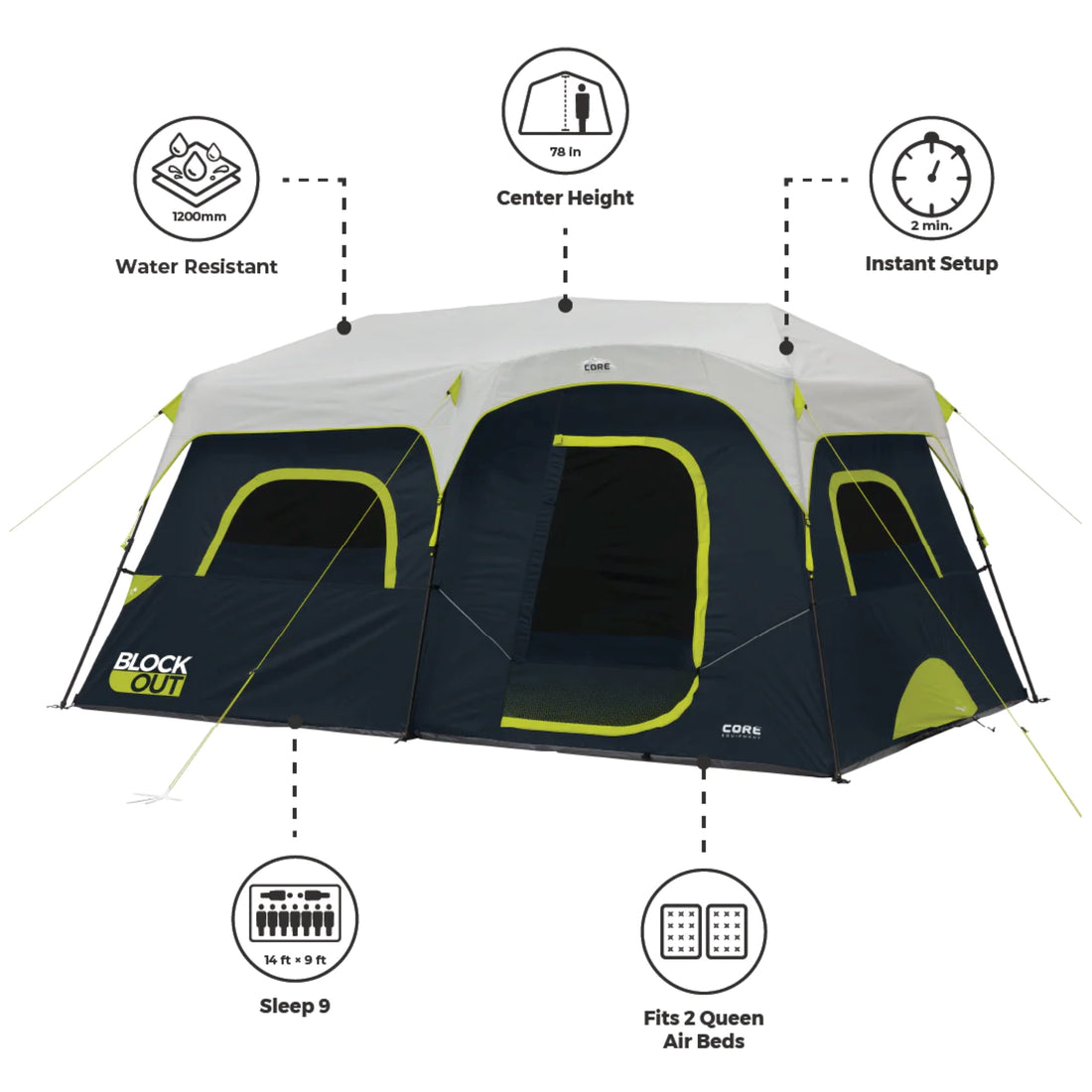 خيمة CORE 9 Person Instant Cabin Blockout Tent مقاس 14 × 9 قدم