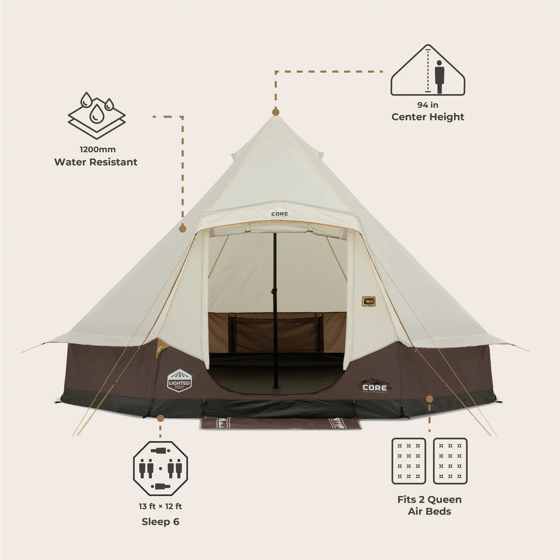 CORE 6 Person Lighted Bell Tent 13' x 12'