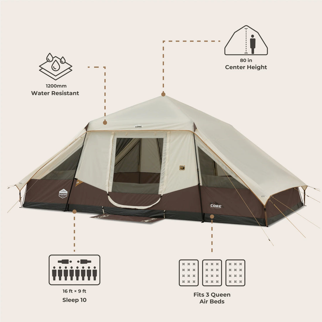 CORE 10 Person Lighted Instant Pyramid Tent 16' x 9'