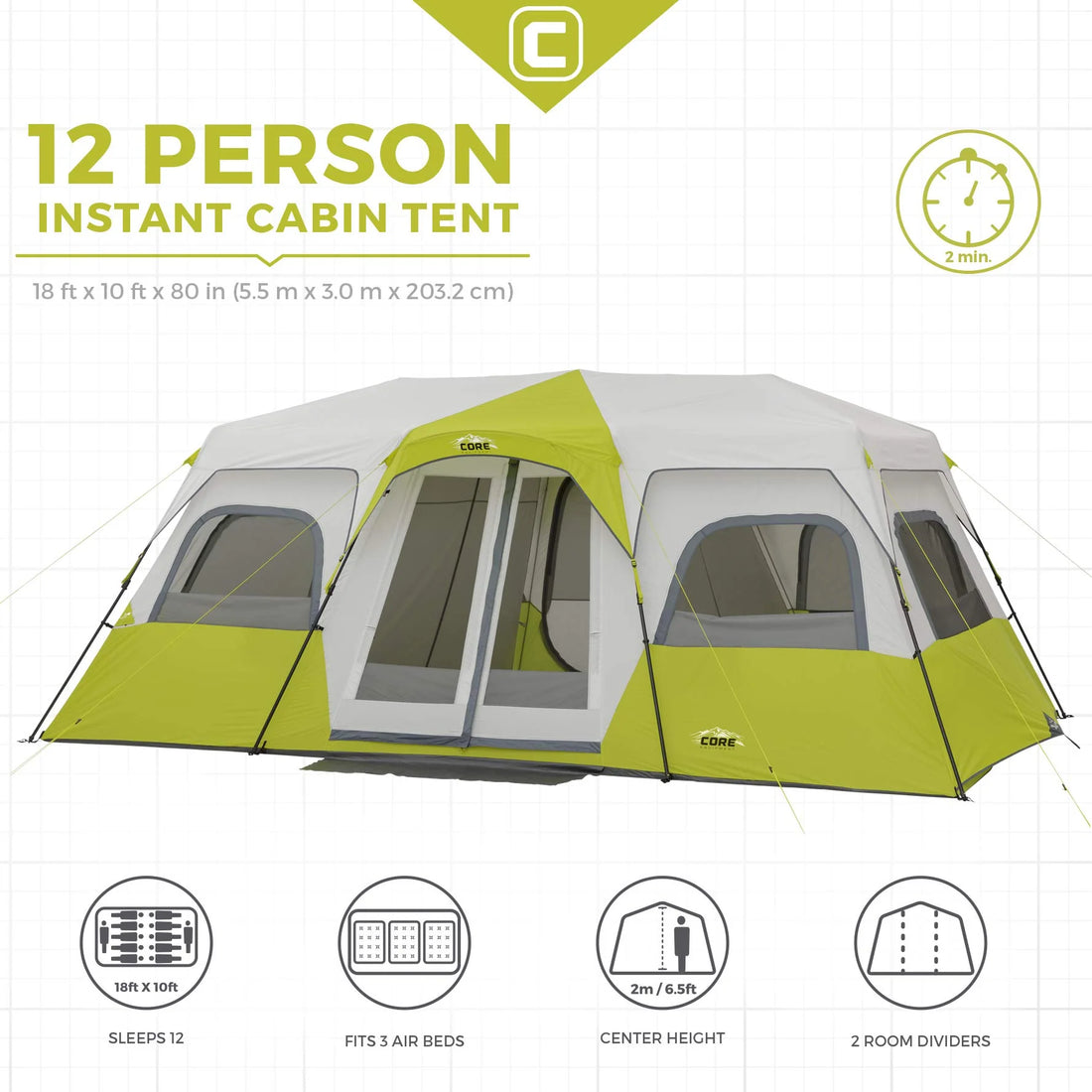 A large, brown CORE 12-person instant cabin tent measuring 18 feet by 10 feet. The tent has a spacious interior, multiple windows, and a sturdy frame for easy setup