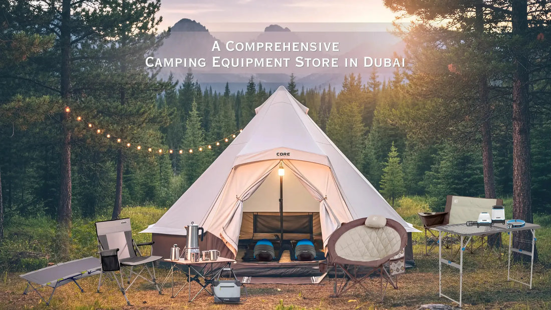 Mountain camping scene with palm trees featuring CORE 6 Person Camping Tent, padded chair, sleeping bags, foldable table, cooler, cot, lights & gear from OutdoorLife.ae camping store in UAE.