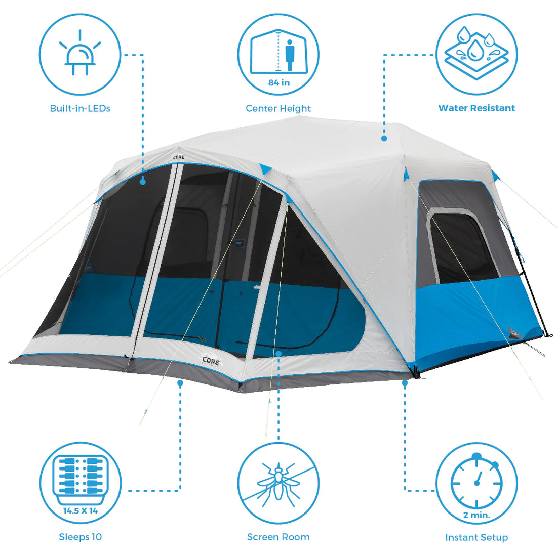 A large, orange and gray CORE 10-person instant tent with a lighted screen room. The tent has a spacious interior and multiple windows, providing ample ventilation and natural light.