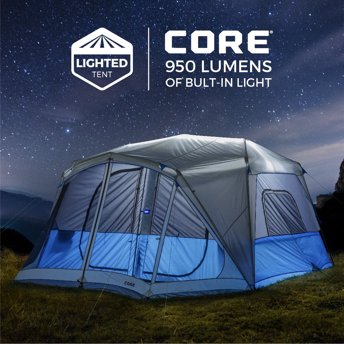 A large, orange and gray CORE 10-person instant tent with a lighted screen room. The tent has a spacious interior and multiple windows, providing ample ventilation and natural light.