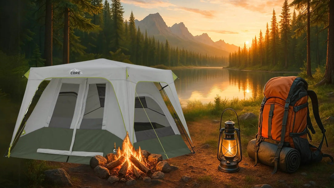 4 person camping tent set up at sunset with mountains in the background