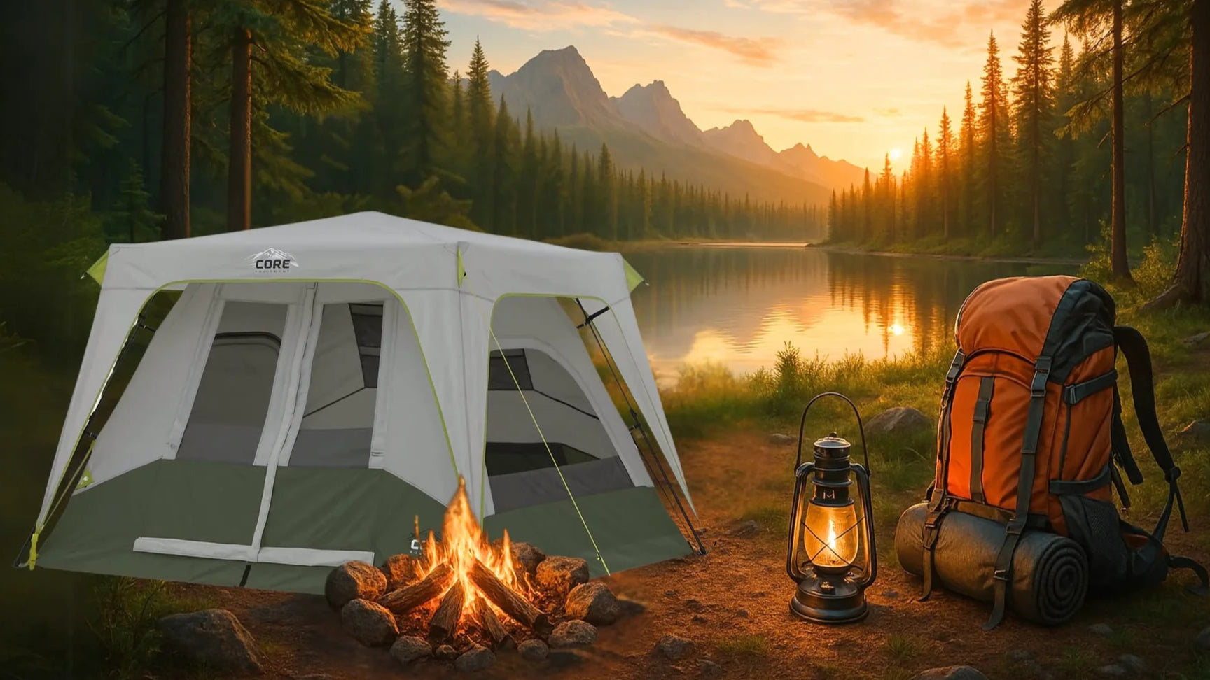 4 person camping tent set up at sunset with mountains in the background