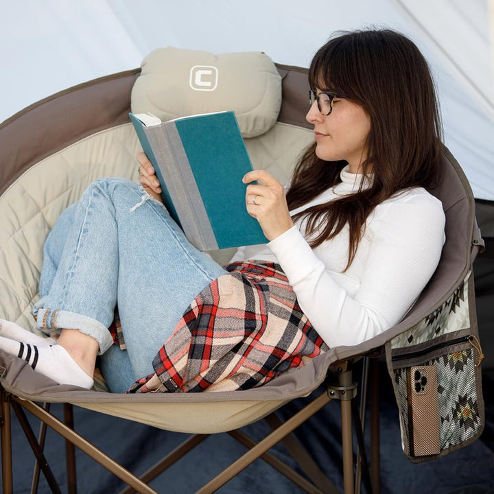 Side view of padded oversized round chair designed for outdoor use