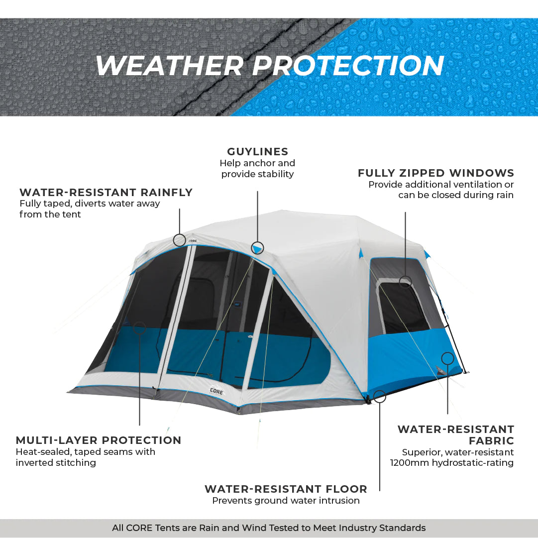 A large, orange and gray CORE 10-person instant tent with a lighted screen room. The tent has a spacious interior and multiple windows, providing ample ventilation and natural light.