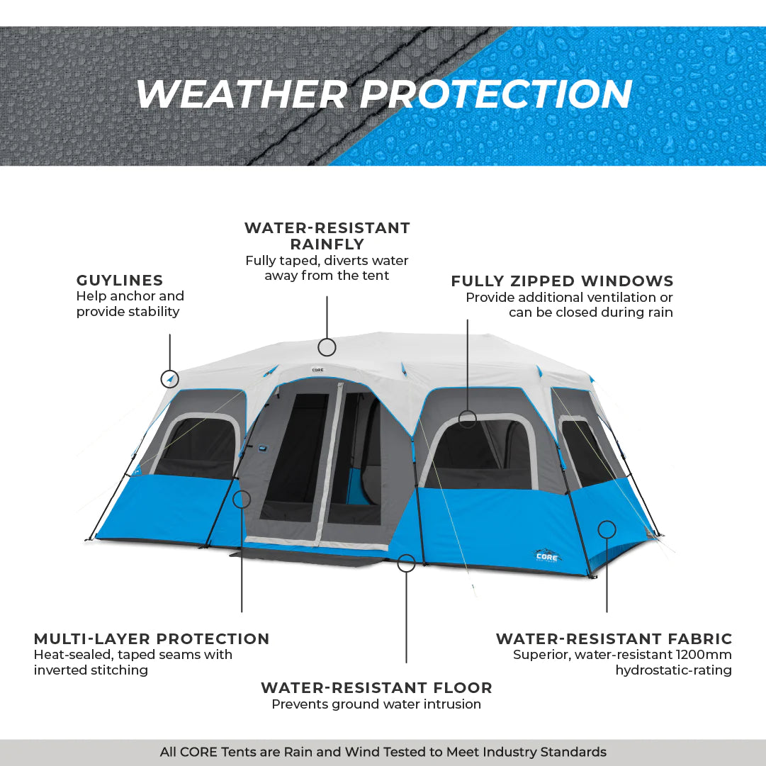 A large, brown CORE 12-person instant cabin tent measuring 18 feet by 10 feet. The tent features built-in LED lights for added convenience and safety, and it has a spacious interior, multiple windows, and a sturdy frame for easy setup.