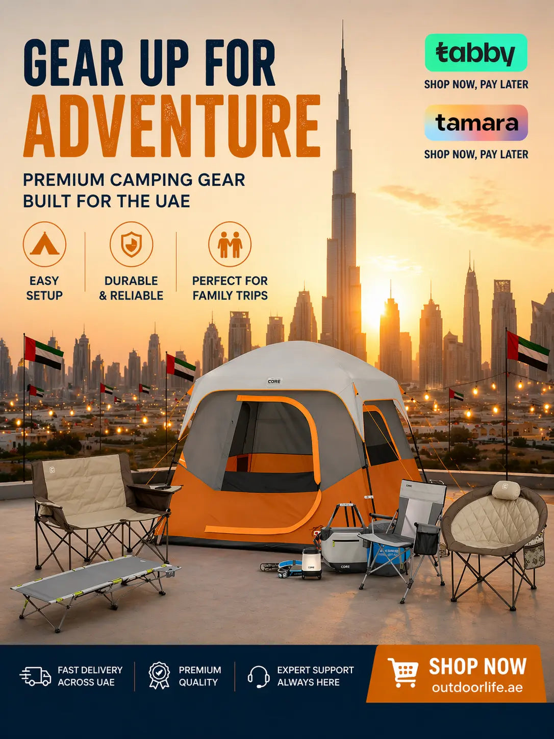 Premium camping setup in UAE desert featuring durable family camping tent, outdoor chairs, and gear with Dubai skyline at sunset for outdoor adventure and desert camping lifestyle.