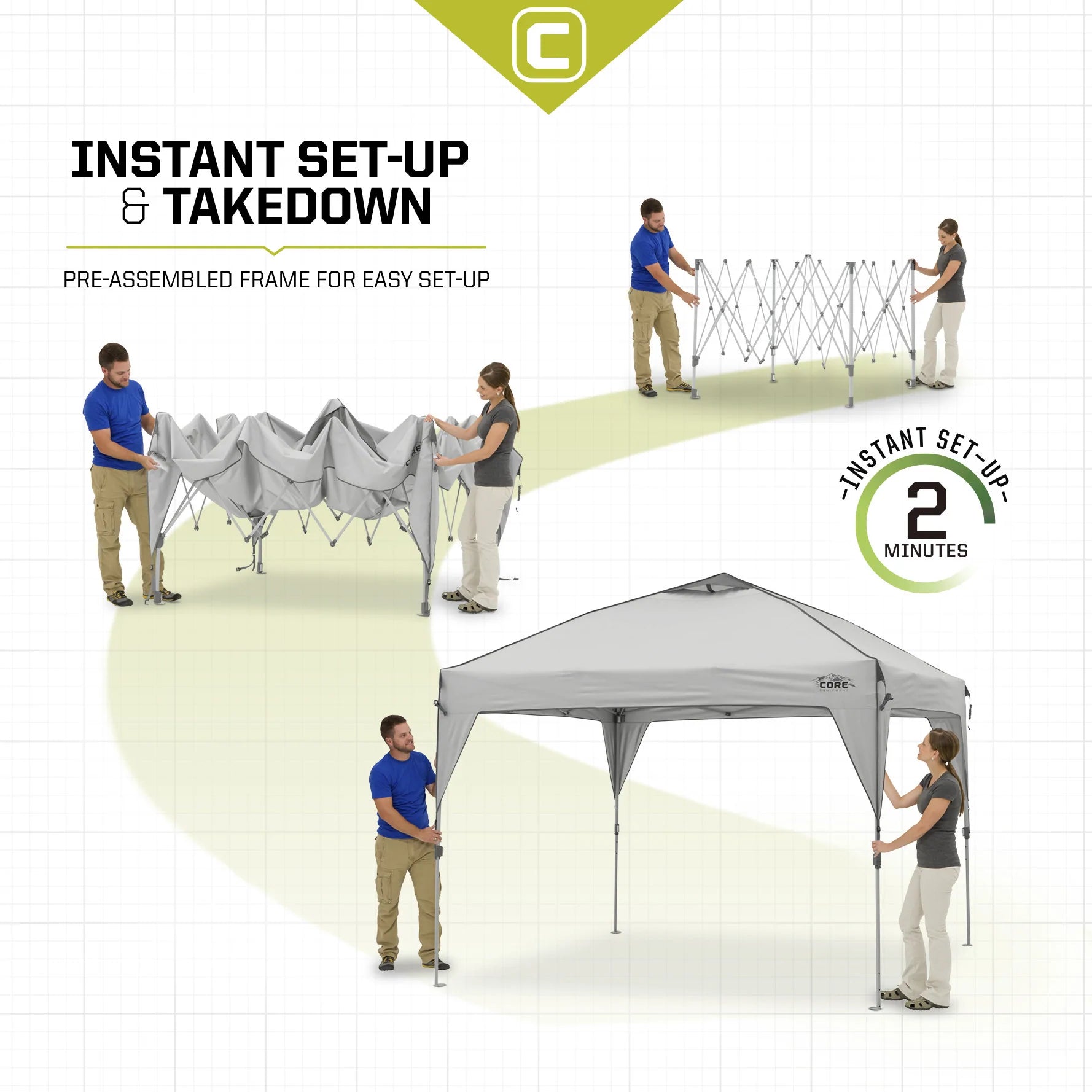 A large, orange and gray CORE 10' x 10' instant canopy, also known as a gazebo. The canopy has a pop-up design for quick and easy setup, and it provides shade and shelter for outdoor activities.