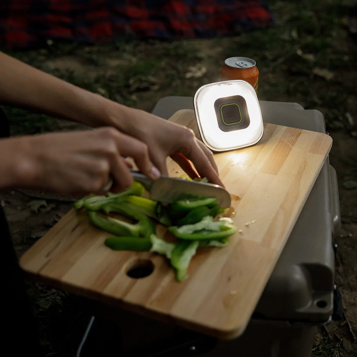 A small, portable CORE 100 lumen tent light with a rechargeable battery. The light features multiple brightness settings and a hanging hook for easy placement inside a tent.