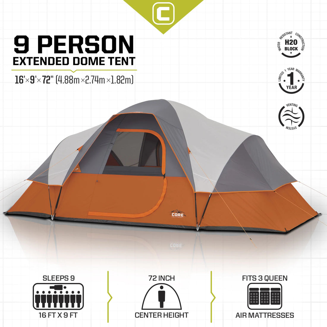 CORE 9 Person Extended Dome Tent 16' x 9'