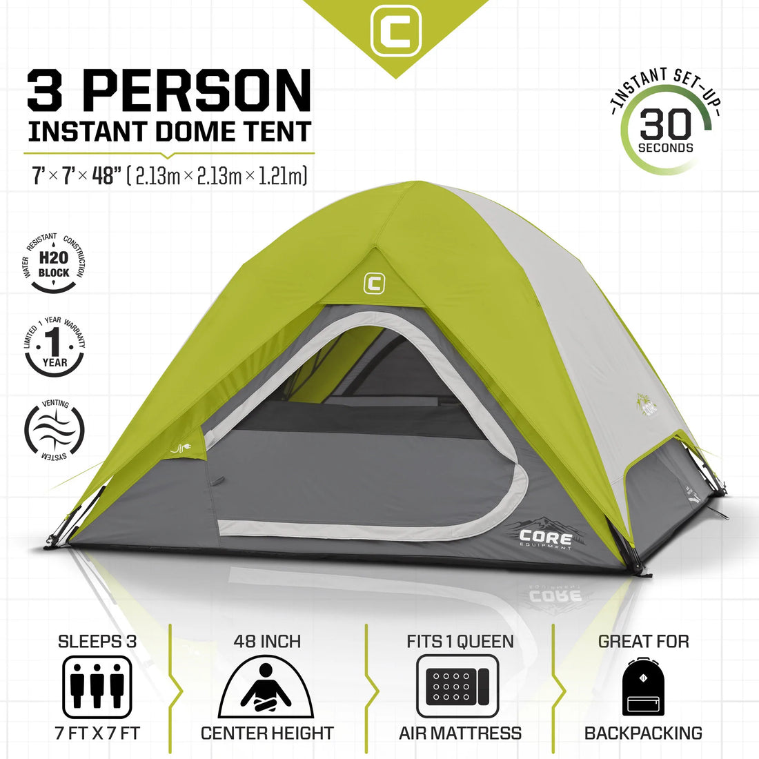 CORE 3 Person Instant Dome Tent 7' x 7'