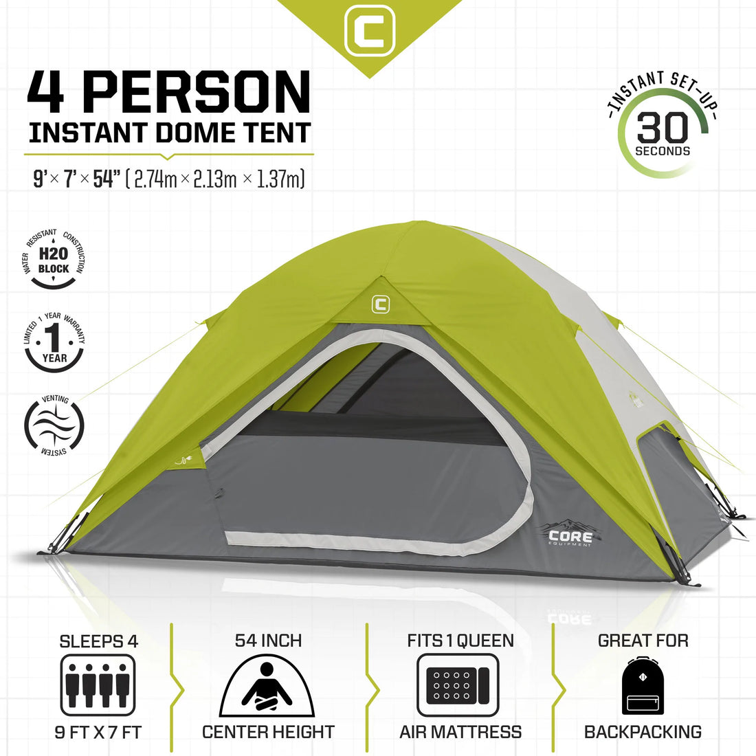 CORE 4 Person Instant Dome Tent 9' x 7'