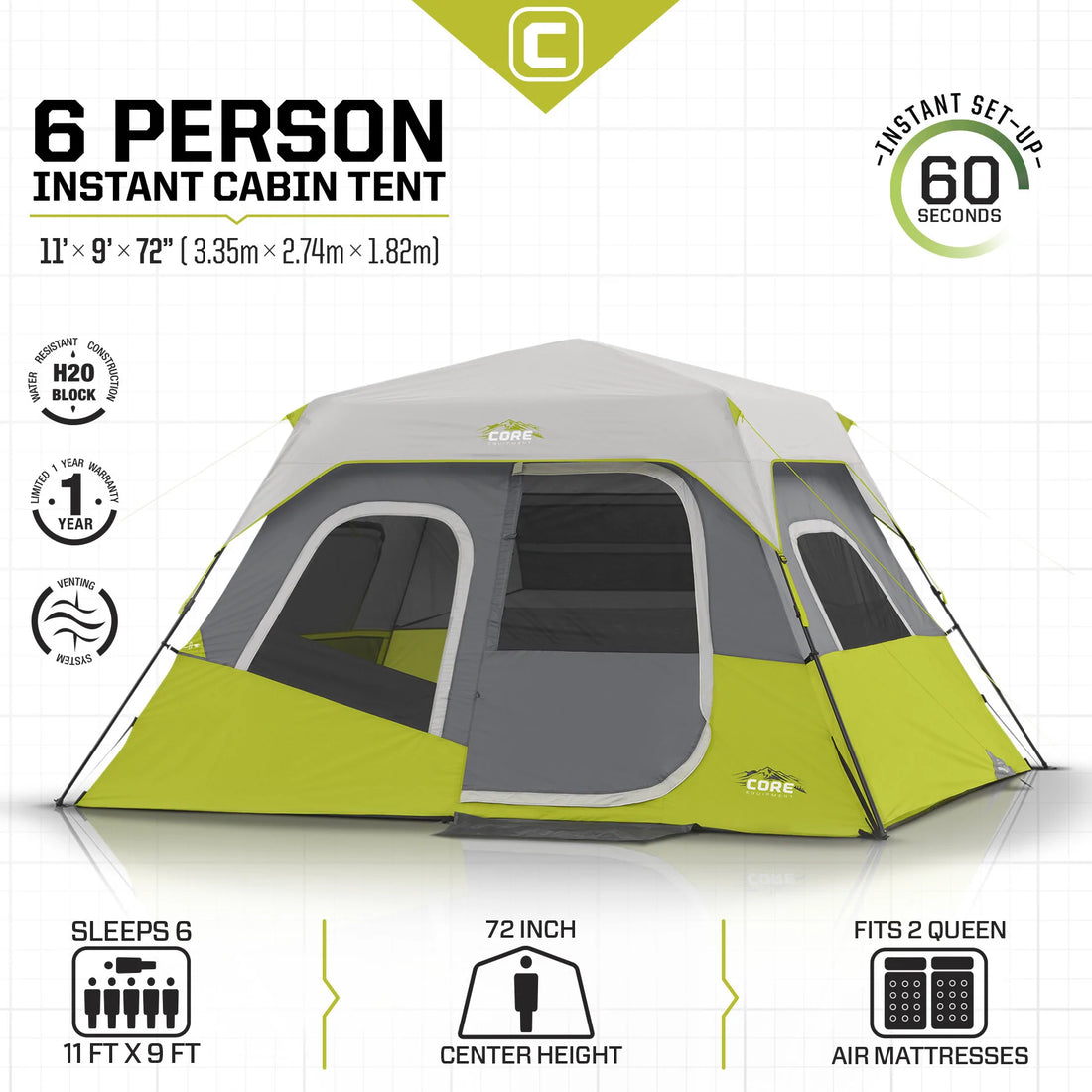 CORE 6 Person Instant Cabin Tent 11' x 9'