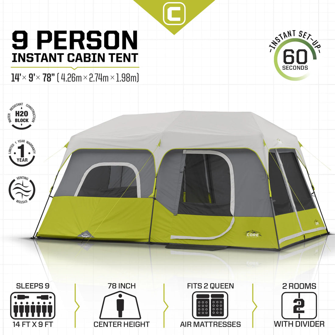 CORE 9 Person Instant Cabin Tent 14' x 9'