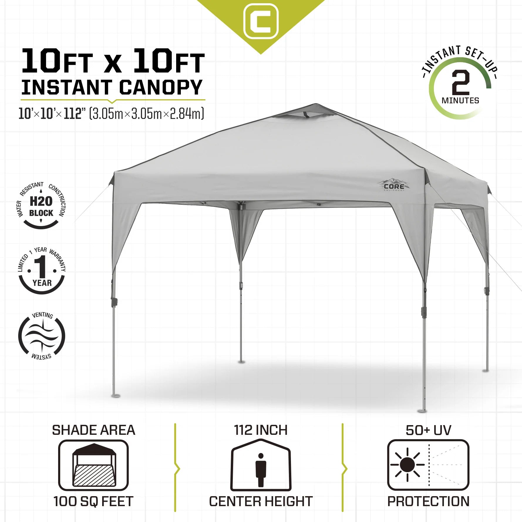 A large, orange and gray CORE 10' x 10' instant canopy, also known as a gazebo. The canopy has a pop-up design for quick and easy setup, and it provides shade and shelter for outdoor activities.