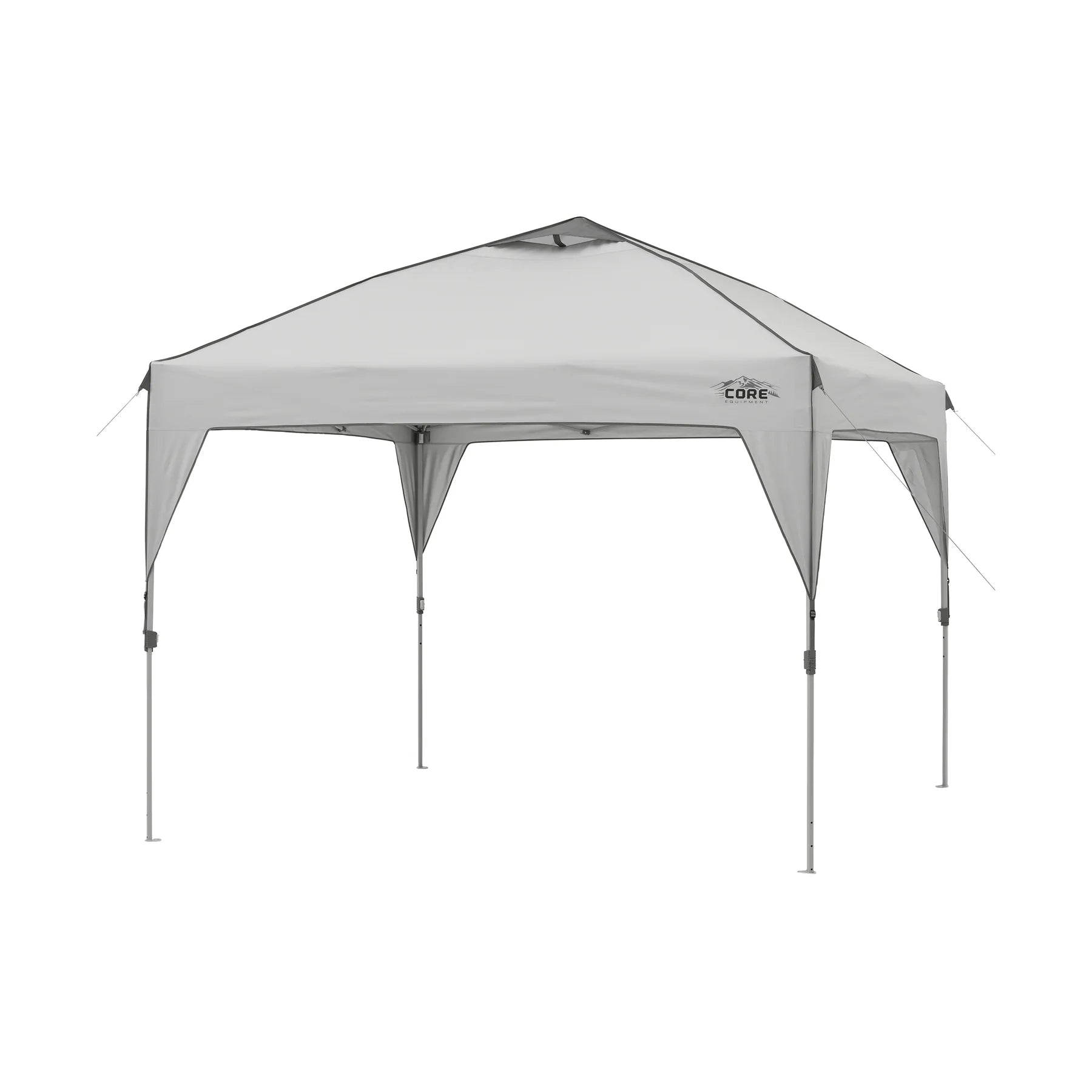  A large, orange and gray CORE 10' x 10' instant canopy, also known as a gazebo. The canopy has a pop-up design for quick and easy setup, and it provides shade and shelter for outdoor activities.
