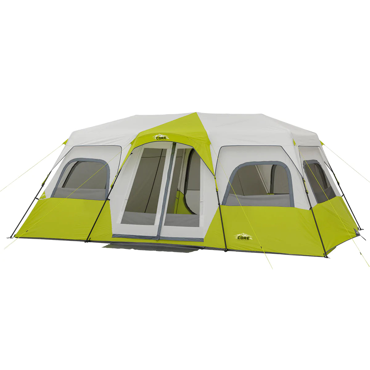 A large, brown CORE 12-person instant cabin tent measuring 18 feet by 10 feet. The tent has a spacious interior, multiple windows, and a sturdy frame for easy setup