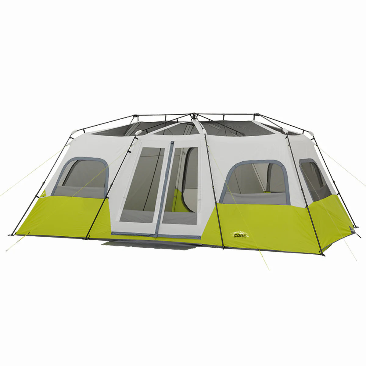 A large, brown CORE 12-person instant cabin tent measuring 18 feet by 10 feet. The tent has a spacious interior, multiple windows, and a sturdy frame for easy setup