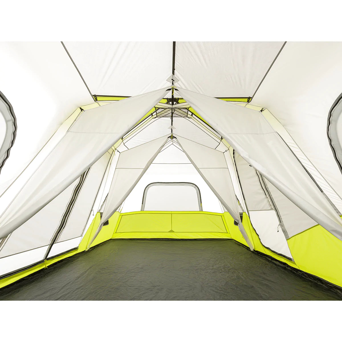 A large, brown CORE 12-person instant cabin tent measuring 18 feet by 10 feet. The tent has a spacious interior, multiple windows, and a sturdy frame for easy setup