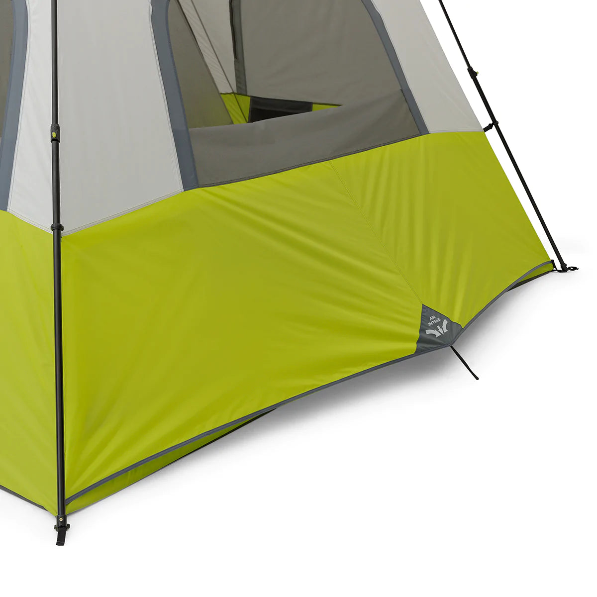 A large, brown CORE 12-person instant cabin tent measuring 18 feet by 10 feet. The tent has a spacious interior, multiple windows, and a sturdy frame for easy setup
