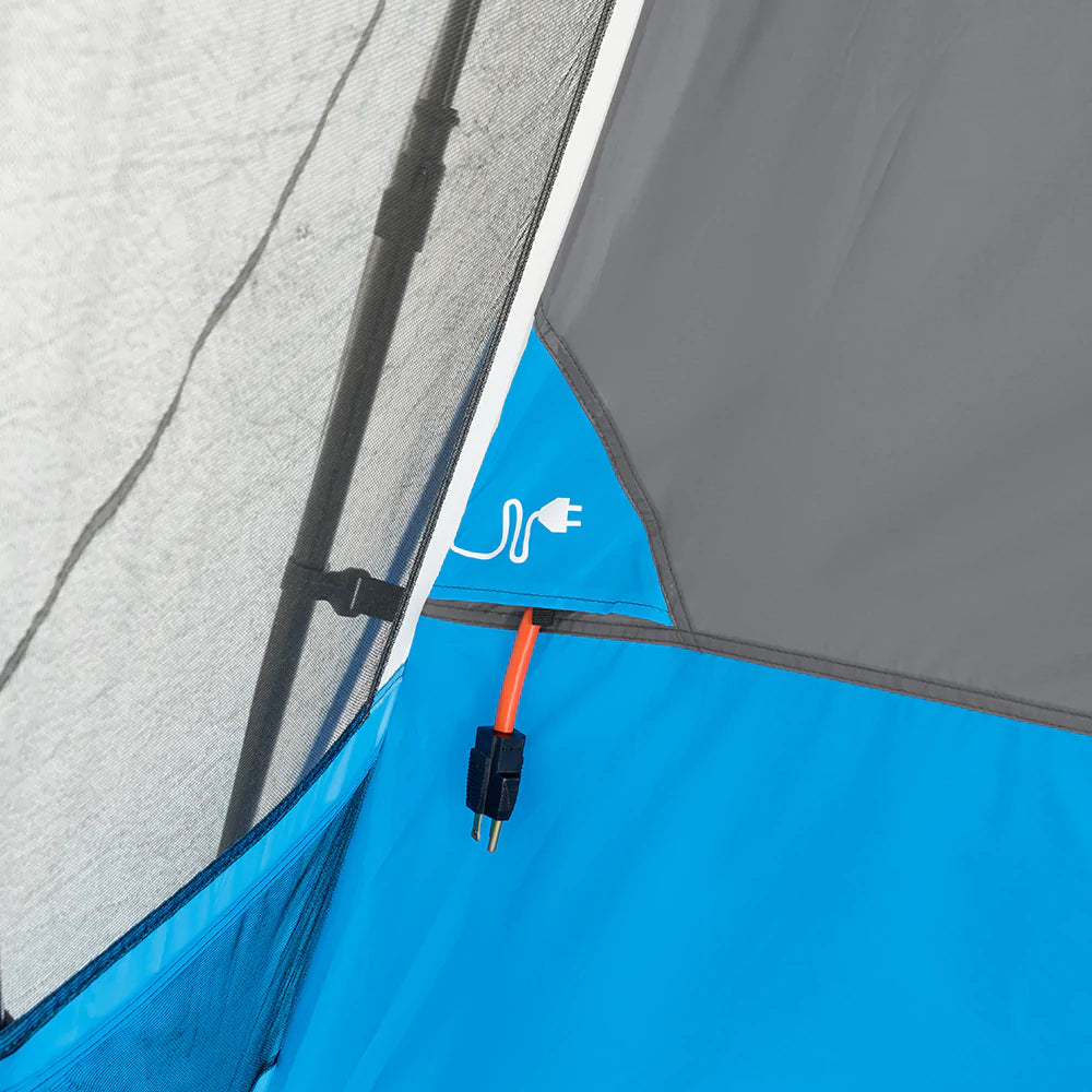 A large, orange and gray CORE 10-person instant tent with a lighted screen room. The tent has a spacious interior and multiple windows, providing ample ventilation and natural light.