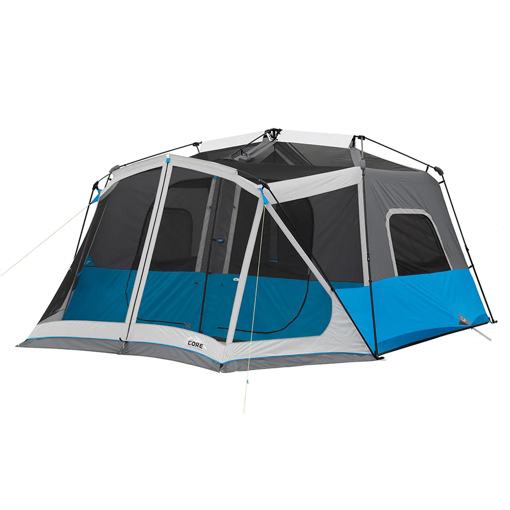 A large, orange and gray CORE 10-person instant tent with a lighted screen room. The tent has a spacious interior and multiple windows, providing ample ventilation and natural light.