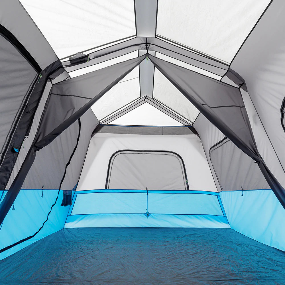 A large, orange and gray CORE 10-person instant tent with a lighted screen room. The tent has a spacious interior and multiple windows, providing ample ventilation and natural light.