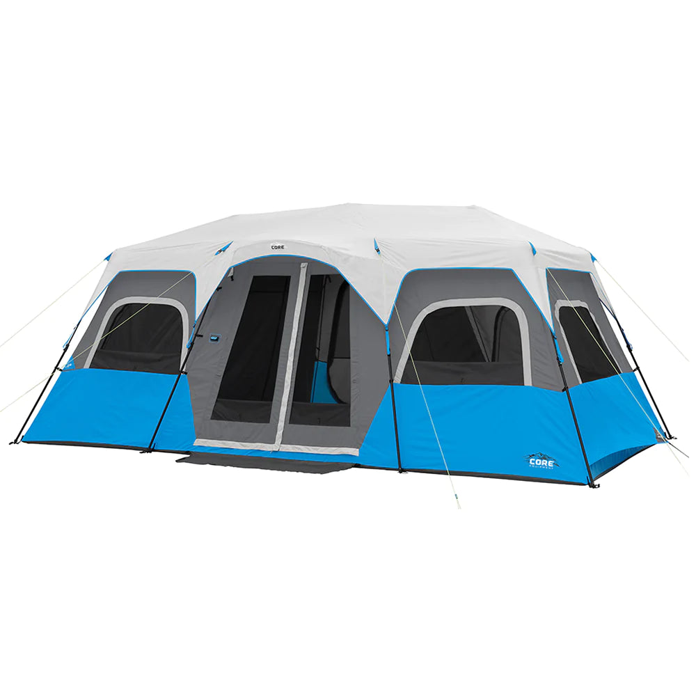 A large, brown CORE 12-person instant cabin tent measuring 18 feet by 10 feet. The tent features built-in LED lights for added convenience and safety, and it has a spacious interior, multiple windows, and a sturdy frame for easy setup.