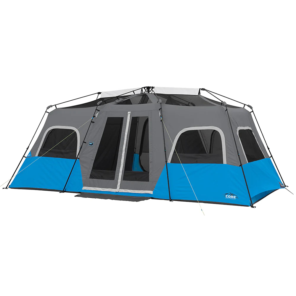 A large, brown CORE 12-person instant cabin tent measuring 18 feet by 10 feet. The tent features built-in LED lights for added convenience and safety, and it has a spacious interior, multiple windows, and a sturdy frame for easy setup.