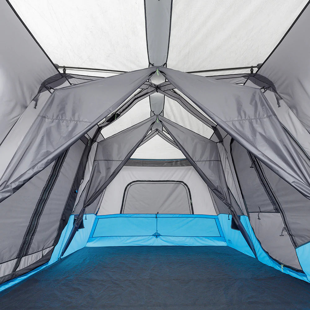 A large, brown CORE 12-person instant cabin tent measuring 18 feet by 10 feet. The tent features built-in LED lights for added convenience and safety, and it has a spacious interior, multiple windows, and a sturdy frame for easy setup.
