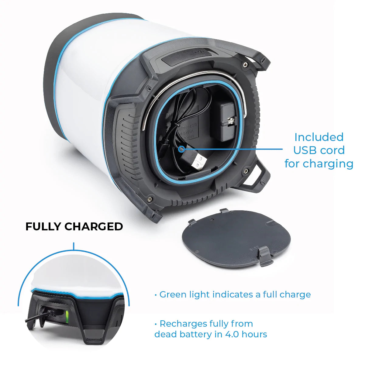 A portable, rechargeable CORE lantern with 1250 lumens of brightness and a built-in Bluetooth speaker. The lantern features multiple lighting modes, including high, low, and strobe, and it can be used as a hands-free speaker for playing music.