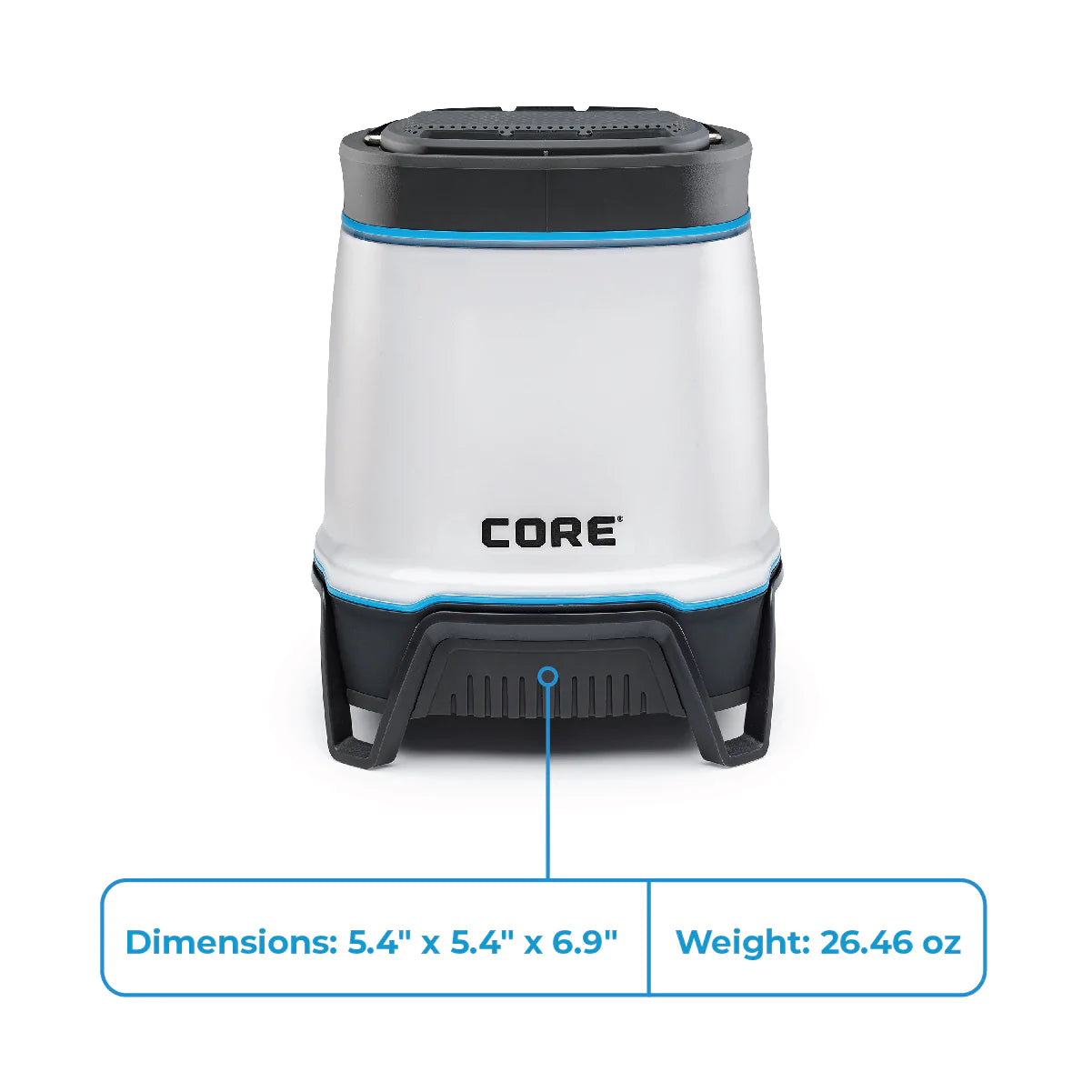 A portable, rechargeable CORE lantern with 1250 lumens of brightness and a built-in Bluetooth speaker. The lantern features multiple lighting modes, including high, low, and strobe, and it can be used as a hands-free speaker for playing music.