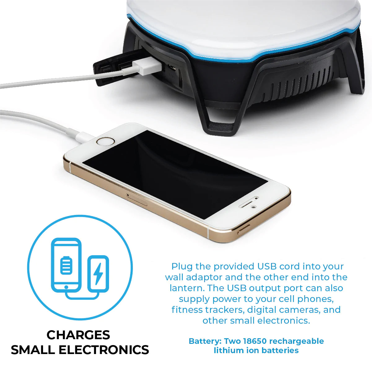 A portable, rechargeable CORE lantern with 1250 lumens of brightness and a built-in Bluetooth speaker. The lantern features multiple lighting modes, including high, low, and strobe, and it can be used as a hands-free speaker for playing music.