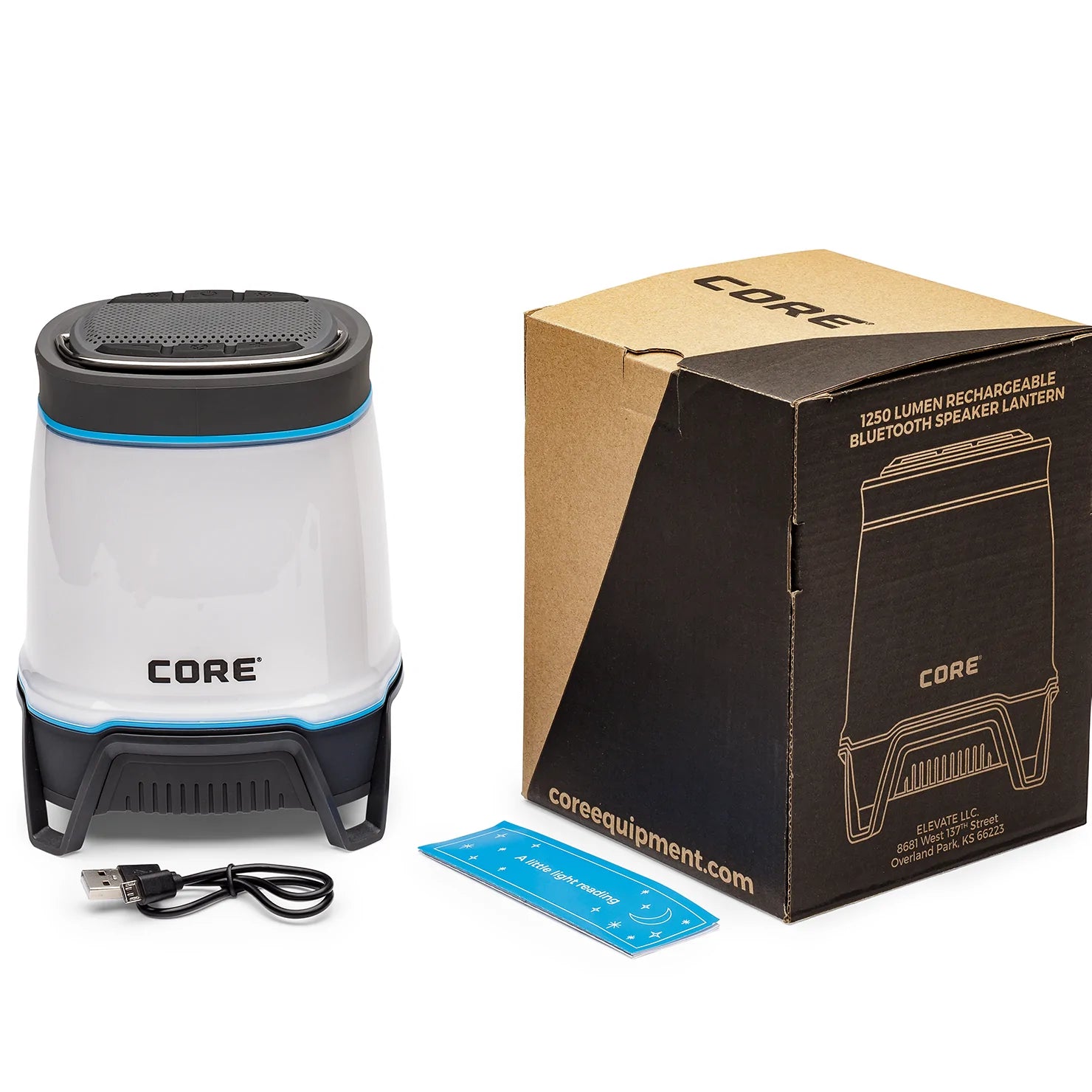 A portable, rechargeable CORE lantern with 1250 lumens of brightness and a built-in Bluetooth speaker. The lantern features multiple lighting modes, including high, low, and strobe, and it can be used as a hands-free speaker for playing music.