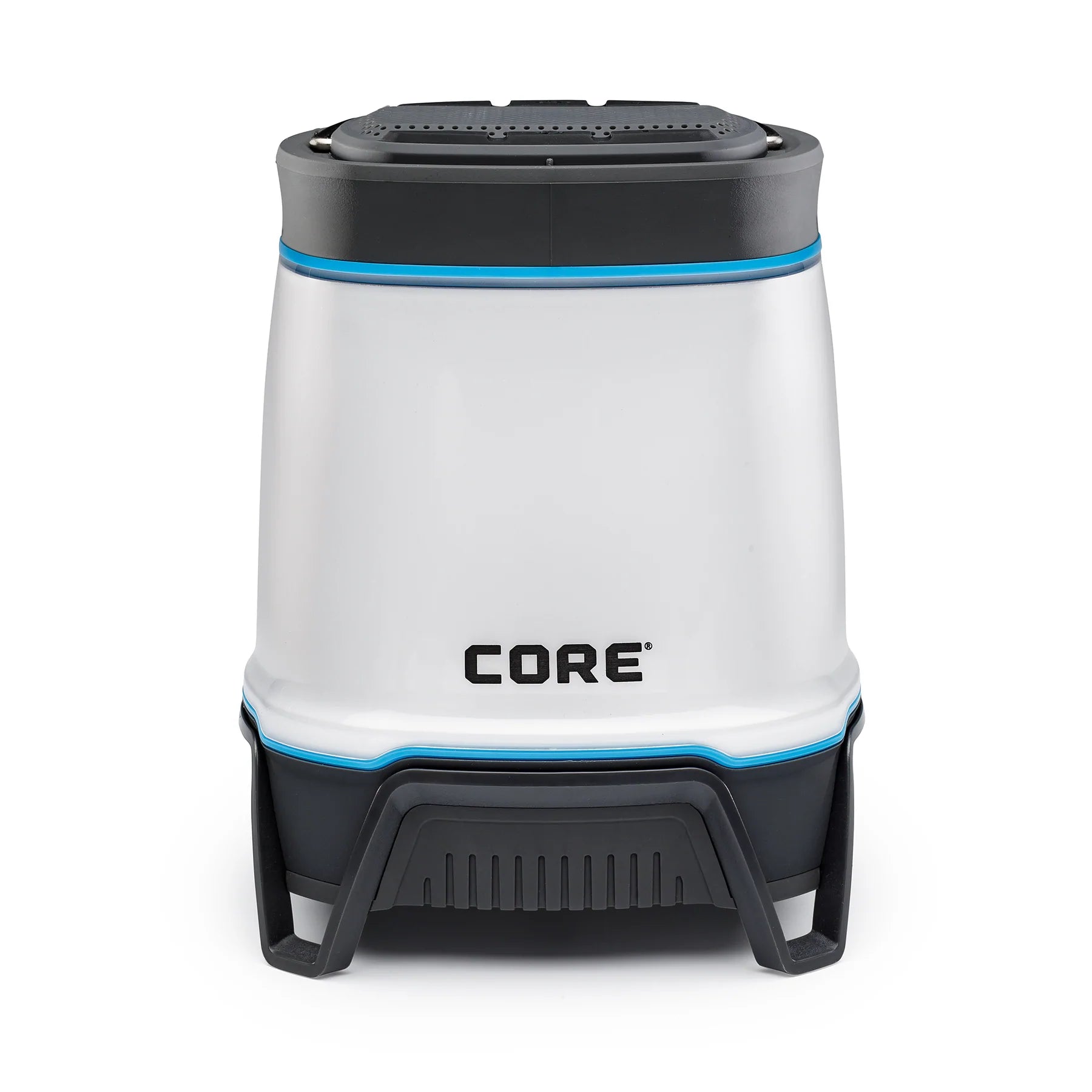A portable, rechargeable CORE lantern with 1250 lumens of brightness and a built-in Bluetooth speaker. The lantern features multiple lighting modes, including high, low, and strobe, and it can be used as a hands-free speaker for playing music.