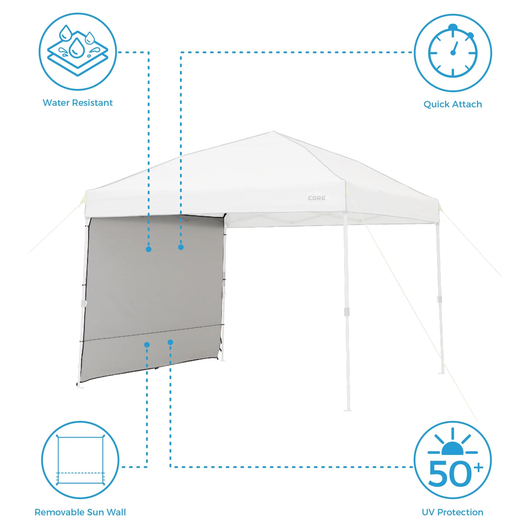 A gray sun wall accessory designed to fit the CORE 10' x 10' instant canopy. The sun wall provides additional shade and privacy to the canopy, making it ideal for outdoor events and gatherings.