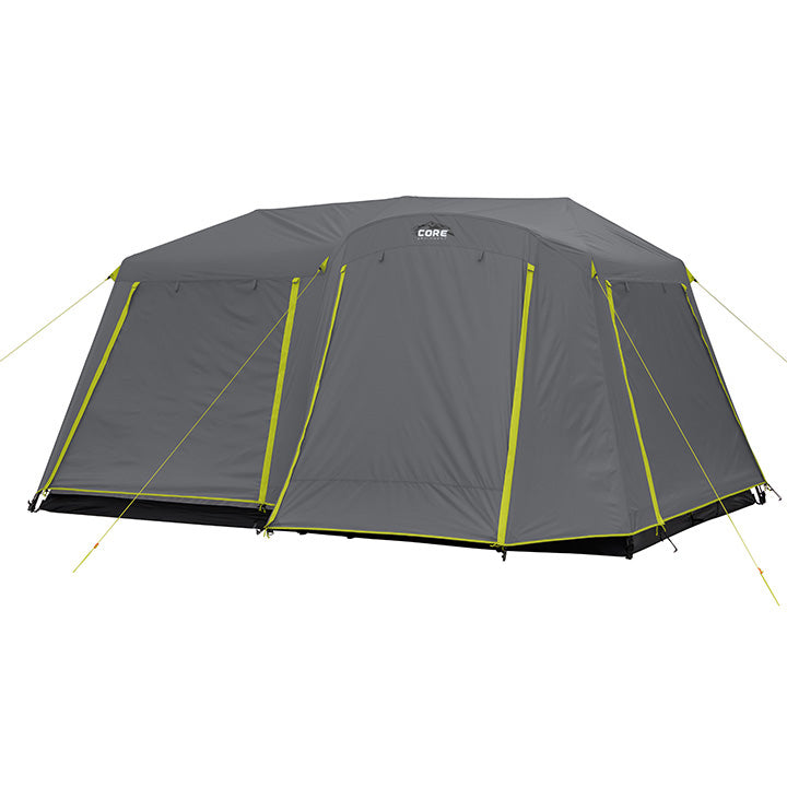 A large gray CORE cabin tent with yellow accents on the edges, shown with a full rainfly attached.