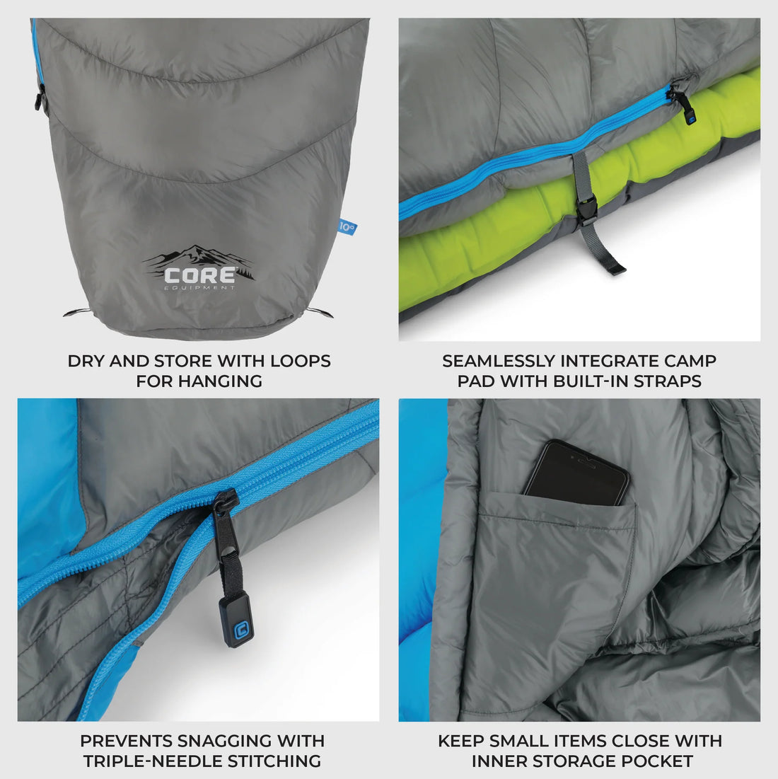 A blue and gray CORE 10-degree mummy sleeping bag. The sleeping bag is designed for cold weather camping and features a mummy shape for warmth and insulation.