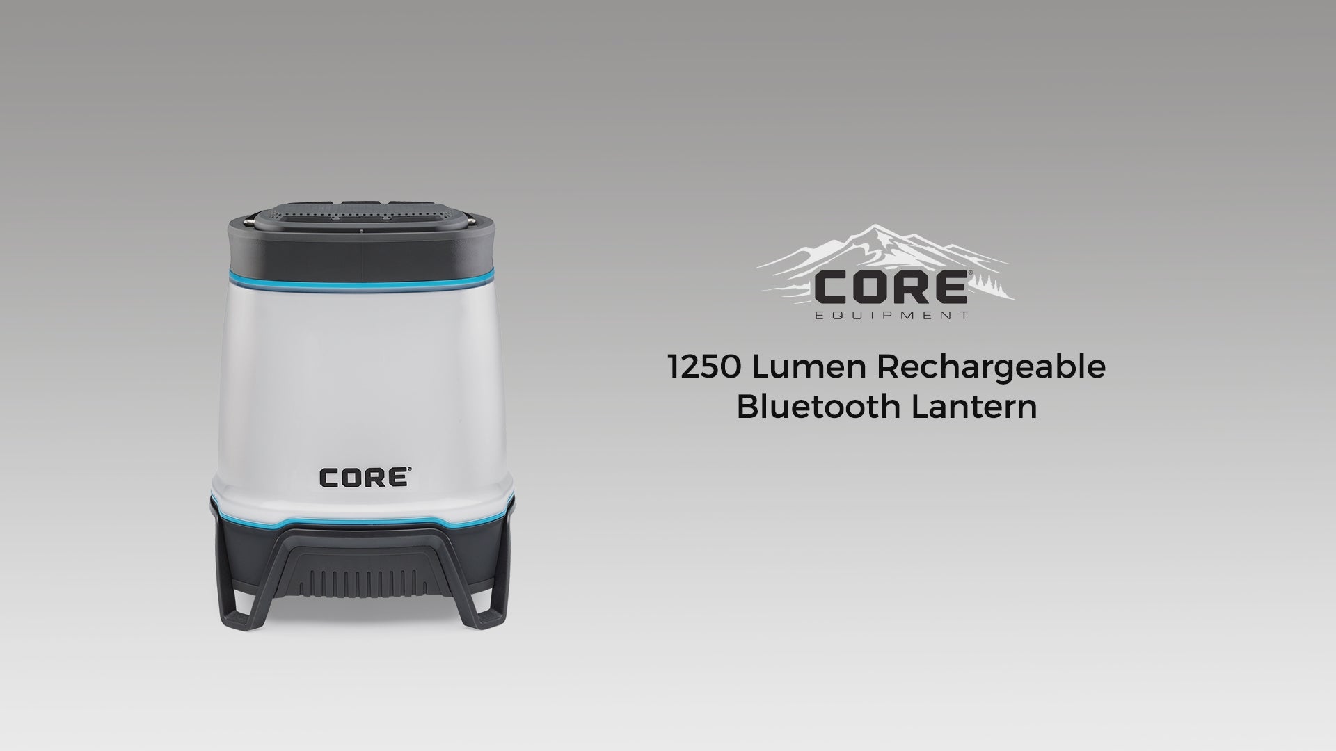 A portable, rechargeable CORE lantern with 1250 lumens of brightness and a built-in Bluetooth speaker. The lantern features multiple lighting modes, including high, low, and strobe, and it can be used as a hands-free speaker for playing music.