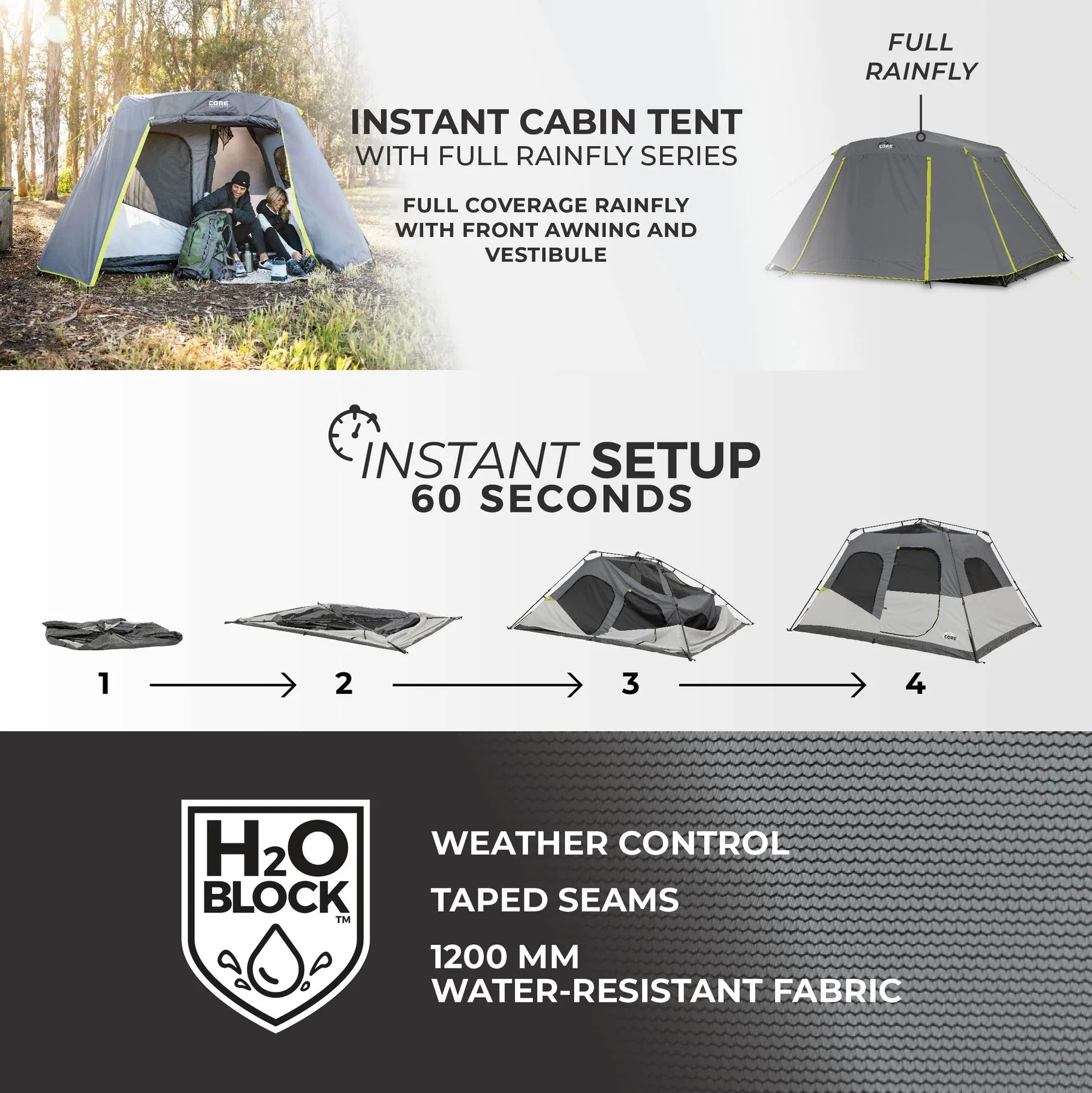 CORE 6 Person Instant Cabin Tent with Full Rainfly 11 x 9